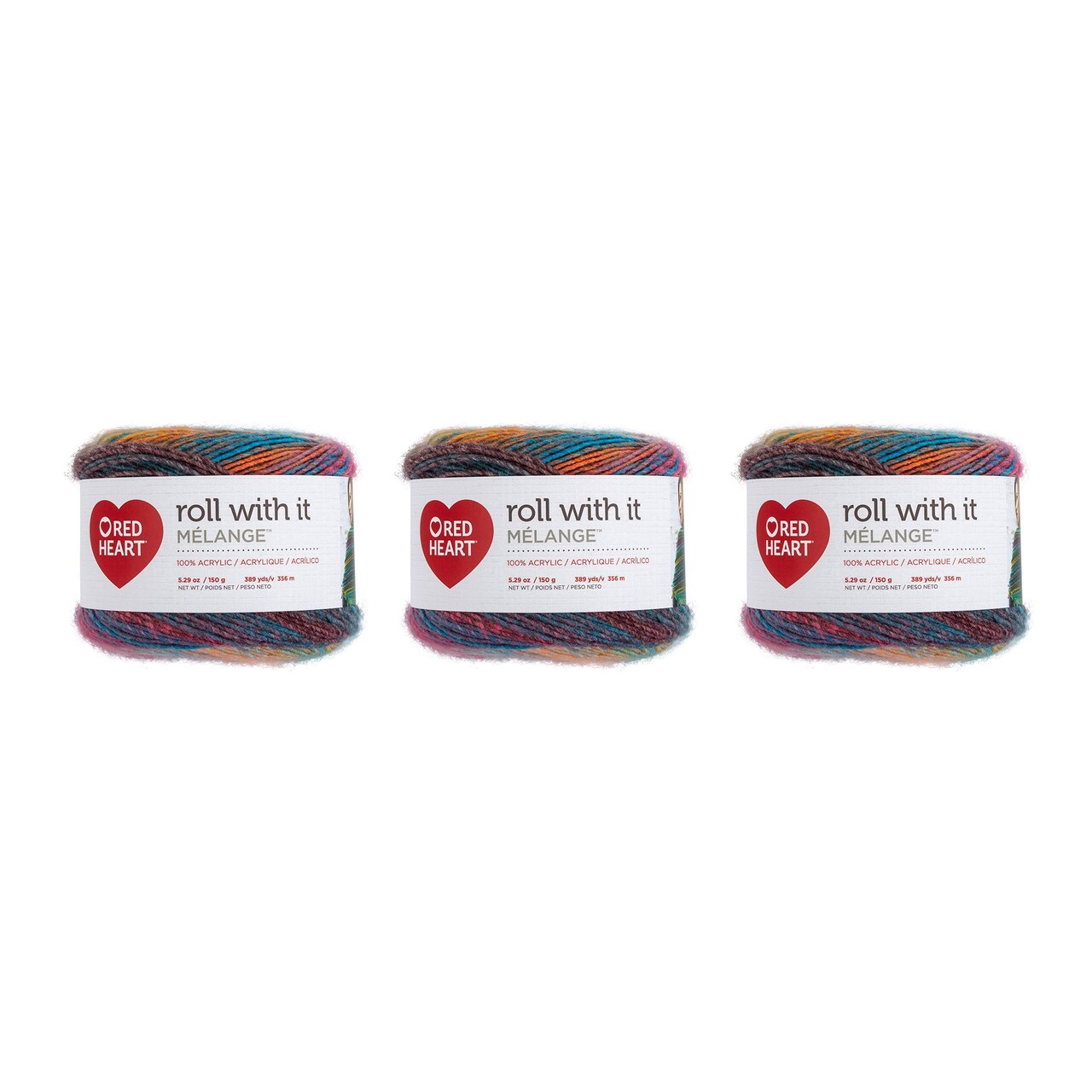 Red Heart Roll With It Melange Show Time Yarn - 3 Pack of 150g/5.3oz - Acrylic - 4 Medium (Worsted) - 389 Yards - Knitting/Crochet